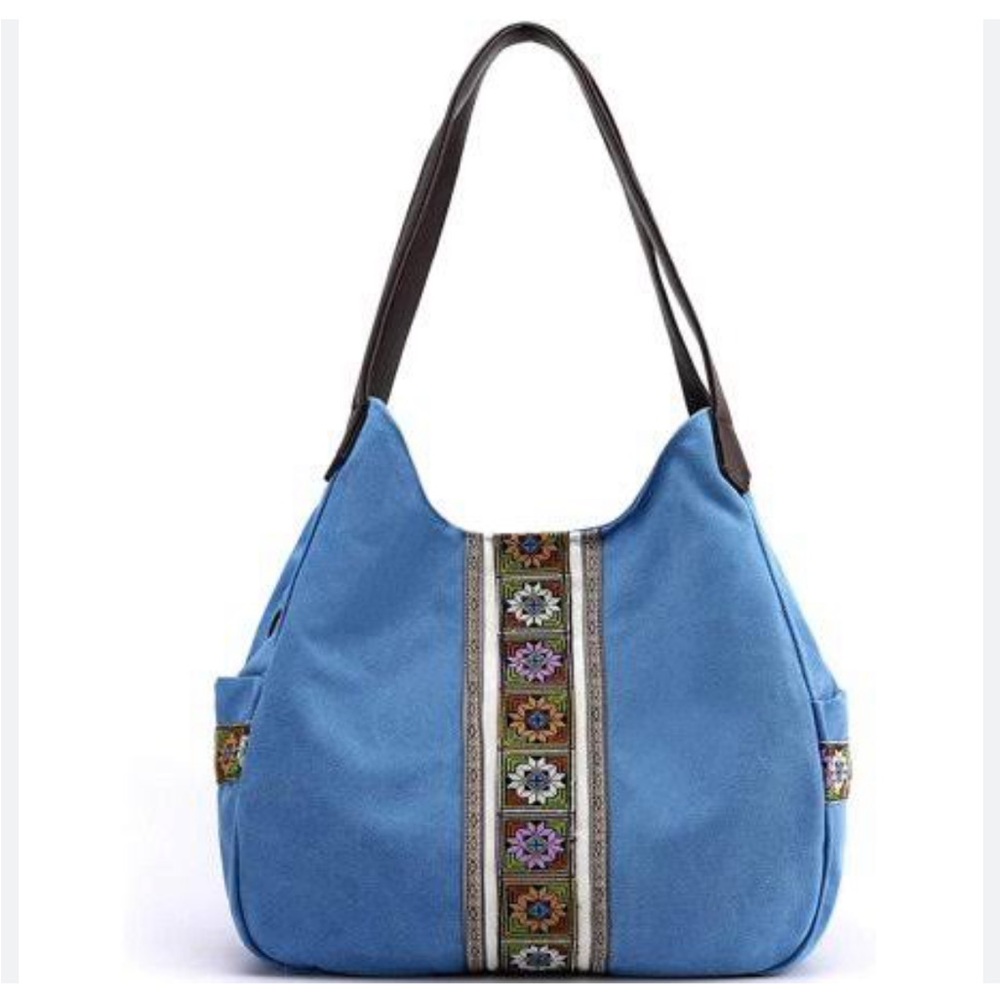 WorldlyDA Blue Canvas Embroidered Multi Pocket Top Zip Shoulder Bag size Large